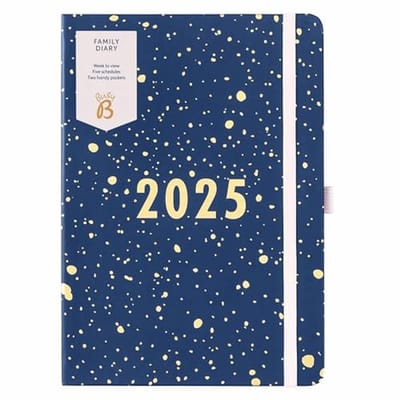 A5 gezinsdagboek 2025, weekplanner met 5 schema's, marinespray en goudfolie, levensplanner voor drukke gezinnen