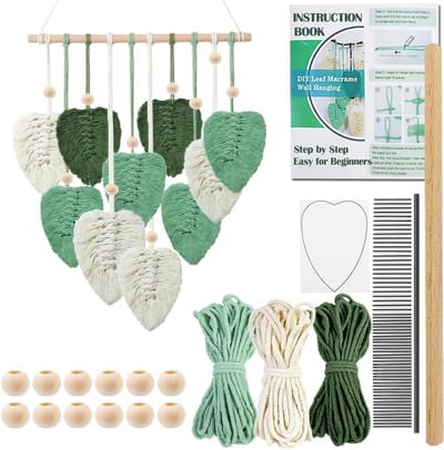 SnelShoppen - Macrame Wanddecoratie Kit met Bladeren voor Volwassenen en Beginners - Compleet met Vooraf Geknipte Koorden, Houten Kralen en Instructie