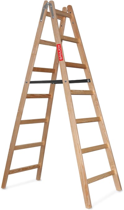 Baulich Dubbelzijdige houten ladder met 7 treden - draagvermogen 150 kg, werkhoogte 360 cm, robuust, weerbestendig