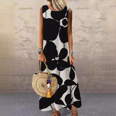 Dames Dames Bedrukte Ronde Hals Middel- en Lange Mouwloze Jurk XL beige