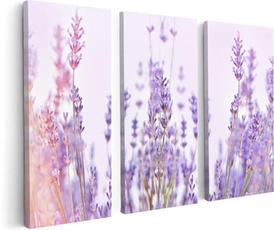 Artaza Canvas Schilderij Drieluik Paarse Lavendel Bloemen - 120x80 cm - Wanddecoratie Woonkamer - Schilderijen - Muurdecoratie