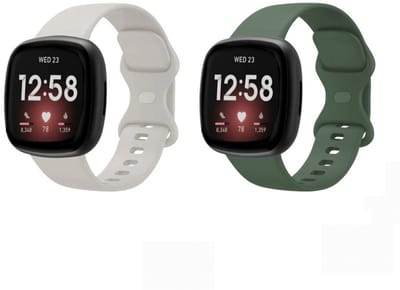 Strap-it Bundel van 2 Siliconen Classic Bandjes - Geschikt voor Fitbit Versa 3 Maat: S - Lichtbeige & Donkergroen - Sportbandje - Sportarmband - Siliconen Band - Waterbestendig & zweetbestendig