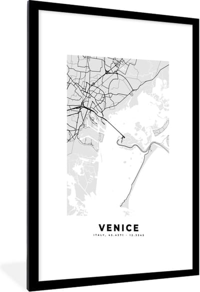 Fotolijst incl. Poster Zwart Wit- Kaart - Venetië - Zwart Wit - Stadskaart - Plattegrond - 60x90 cm - Posterlijst
