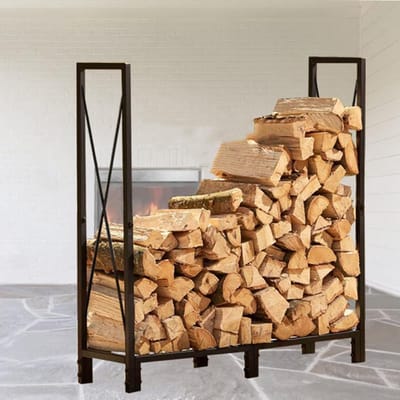 Brandhoutrek - Houtopslag - Open haard - Smeedijzeren constructie - 150x36x120 cm - Zwart