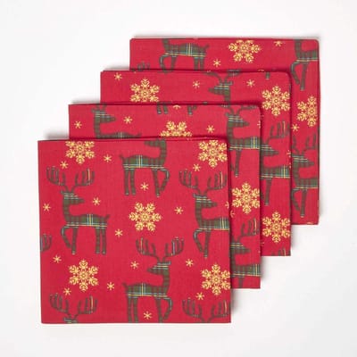 Homescapes Kerstservetten rendier, set van 4, rood