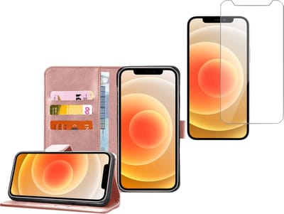 Geschikt voor iPhone 12 Mini - Book Case Portemonnee Hoesje Roségoud met Screenprotector