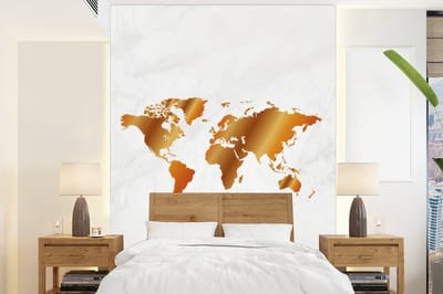 Behang - Fotobehang Wereldkaart - Marmer - Goud - Breedte 195 cm x hoogte 260 cm