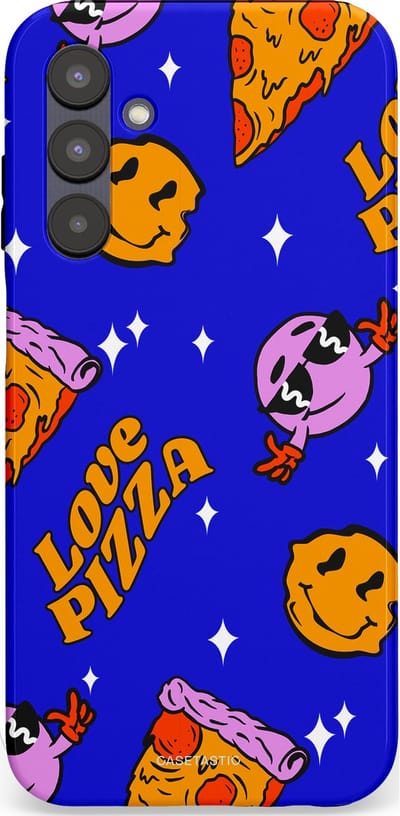 Casetastic hoesje geschikt voor Samsung Galaxy A25 - Dubbellaagse bescherming - Funky Pizza - Fashion Case - Paars Okergeel Donkerblauw Bruin