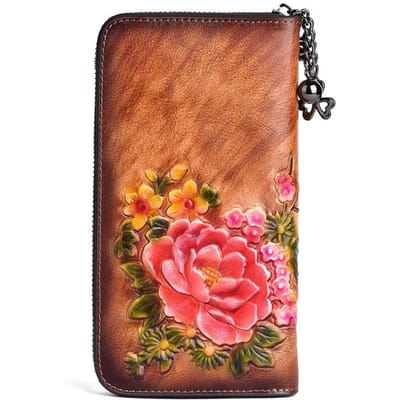Vintage Dames Portemonnee Echte Leer Clutch Tas Retro 3D Reliëf Bloemen Portemonnee Vrouw Handgemaakte Echte Koeienhuid Portemonnee brown