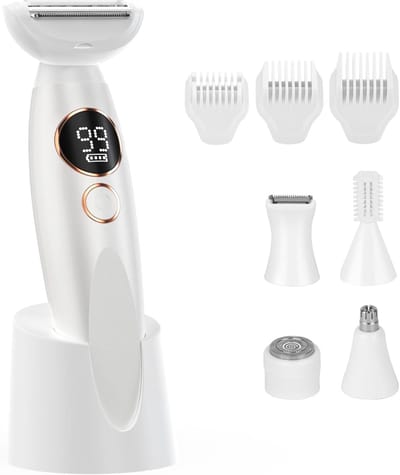 5-in-1 bikinitrimmer voor vrouwen - 15,5 × 5 × 3,3 cm - Elektrisch scheerapparaat met display - Ontworpen voor bikinilijn, gezicht en lichaamshaar - USB oplaadbaar - Wit