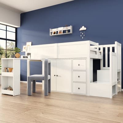 Kinderhoogslaper - 90x200 cm - Met Uitschuifbaar Bureau En Kast En Lade En Trap - MDF - Wit