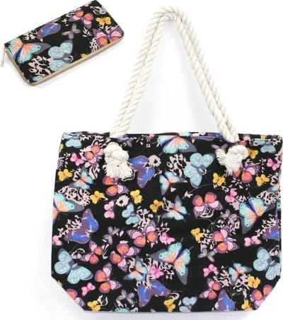 Hazel & Pip VLINDERS Patroon Canvas Strandtas Shopper met bijpassende Portemonnee Vlinder Zwart