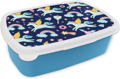 Broodtrommel Blauw - Lunchbox - Brooddoos - Eenhoorn - Regenboog - Diamant - Patronen - 18x12x6 cm - Kinderen - Jongen