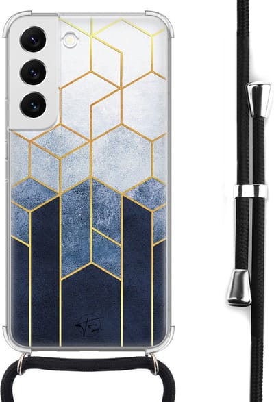 Hoesje met koord geschikt voor Samsung Galaxy S22 - Geometrisch fade art - Inclusief koord - Crossbody beschermhoes - Transparant, Blauw - Mooie Telefoonhoesjes