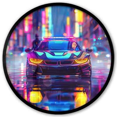 Poster in lijst Rond - Fotolijst 40x40 cm - Posters - Auto - Politie - Stad - Jongens - Kleurrijk - Ronde posterlijst zwart - Decoratie - Wanddecoratie woonkamer - Muurdecoratie slaapkamer