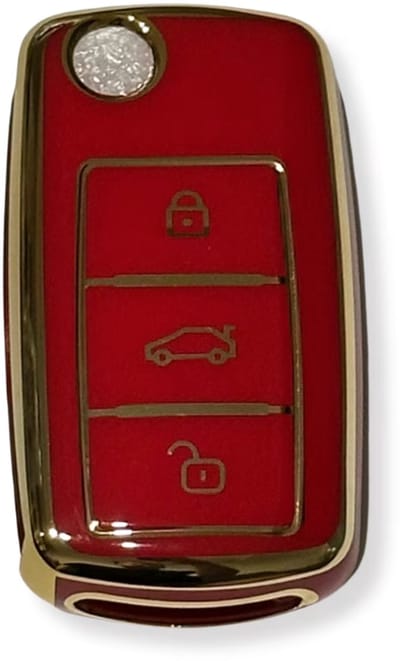 Sleutelcover voor Volkswagen, VW Sleutelhoesje, Key Case for VW, Autosleutel Hoesje Geschikt Voor Volkswagen, Volkswagen Golf, Polo, Passat, Tiguan, Caddy, EOS, Beetle, Transporter, Skoda Octavia, Seat, Rood - Goud