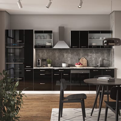 Vicco R-Line Complete keukeneenheid – 350 cm met hoge kast, met marmeren werkblad Zwart hoogglans/wit