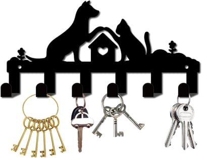 Dailygoody - Sleutelhanger - Wandorganizer met 6 haken - Interieurdecoratie - Zwart - Kattenvorm - Hangende opslag voor sleutels - Geschikt voor hal e...