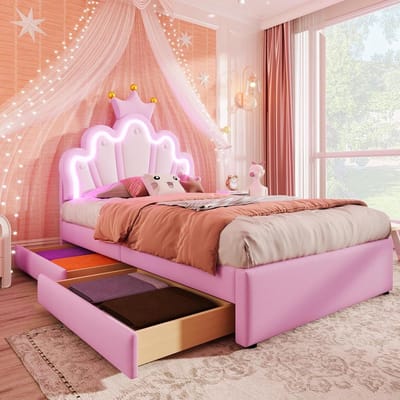 Gestoffeerd Kinderbed - Droombed Prinses - Kinderkamer Inrichten - Met Sfeerlicht - 90x200 cm - Roze