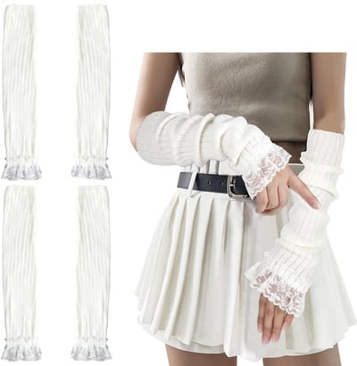 2 paar Armwarmers voor lange mouwen zonder vingers, Vingerloze armwarmers voor dames, witte armwarmers van zacht fleece, handwarmers voor de winter, feest, dagelijks leven, club gebreide kant armmouw - Cyslmuk®