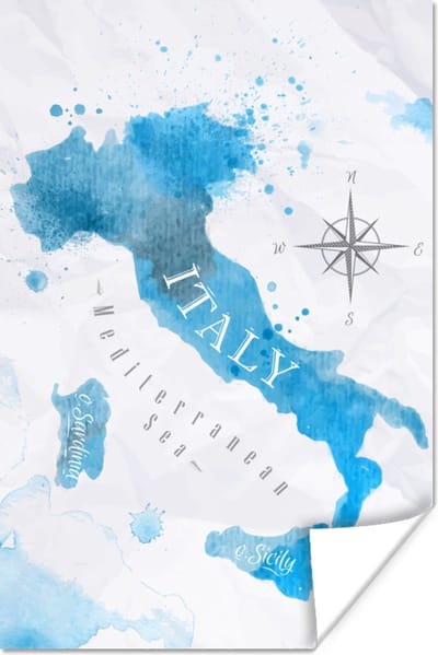 Poster 20x30 cm - Wereldkaart - Blauw - Italië - Posters - Kamer decoratie - Wanddecoratie woonkamer - Muurdecoratie slaapkamer