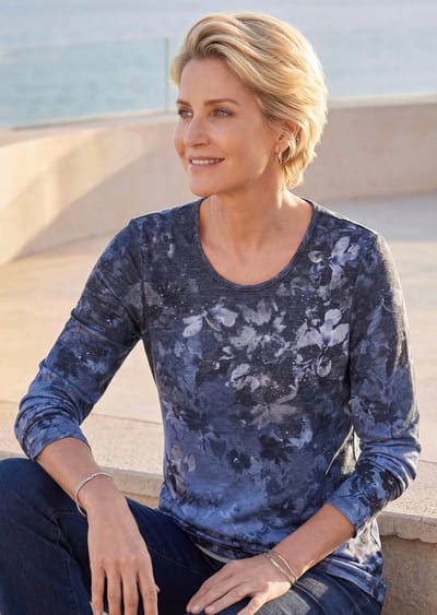 Shirt met lange mouwen en kleurrijke strassteentjes - blauw / gedess. - Gr. 19 van Goldner Fashion