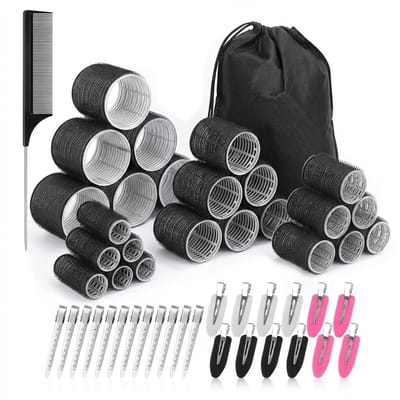 Zwart klittenband haarkrullers set voor dames met 50 stuks krulrollers, clips, styling kam en opbergzak – zelfhechtende haar rollers heatless curls voor volume en natuurlijke krullen