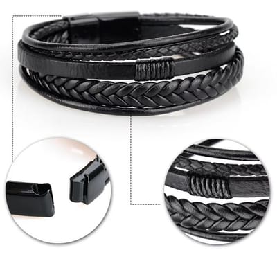 Actie4you® - Leren Armband met 5 Lijnen - RVS - Magnetische Sluiting – 21 cm – Armband – Unisex – Armband voor Heren - Zwart