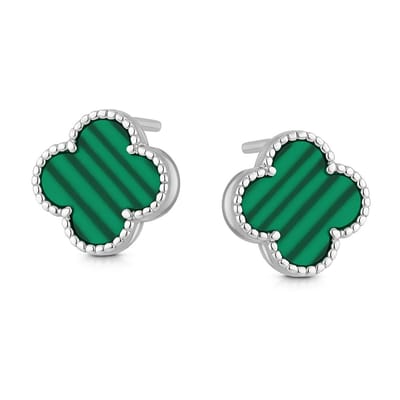 Zilveren klaver oorknopjes met malachiet – bladgroen edelsteen ontwerp – echt zilver - Silver Clover Earrings with Malachite