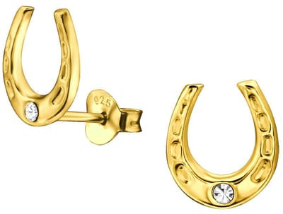 Joy|S - Zilveren Hoefijzer oorbellen - 9 x 10 mm - gold plated - goudkleur met een kristalletje