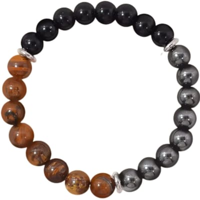Drievoudige Beschermingsarmband:Tijgeroog, Zwarte Obsidiaan, & Hematiet 8mm Ronde Beschermingskristallen (Edelsteen Stretch Armband) black