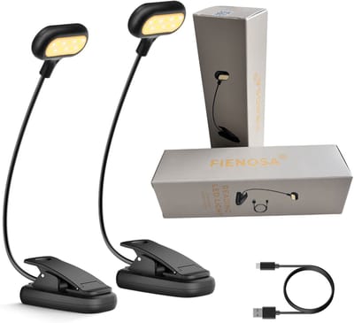 Fienosa LED Leeslampje met Klem – 2 Stuks Voordeelset – USB Oplaadbaar & Dimbaar – Flexibele Nek – Warm Wit & Helder Licht – Boeklamp voor Bed