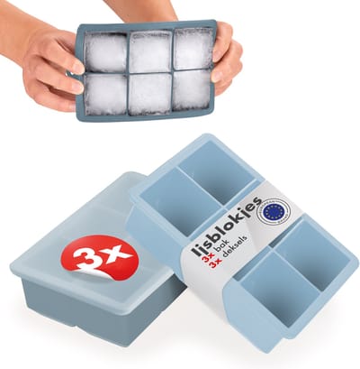 Blumtal IJsblokjesvorm Idun Set van 3 - 6 ijsblokjes - Siliconen ijsblokjesvorm met deksel - IJsblokjesvorm Kubusvorm - BPA-vrij - Blauwgrijs + Lichtblauw