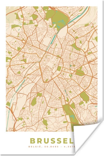 Poster Brussel - Stadskaart - Plattegrond - Kaart - Vintage - 120x180 cm XXL