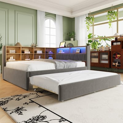 DESMIU Slaapbank 140x200 cm – Uitschuifbed 90x190 cm Met Led En Laadpunten – Opbergvakken – Voor Logeerkamer – Flanel – Donkergrijs – Zonder Matras