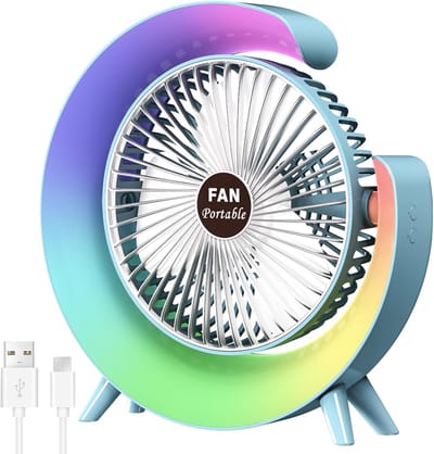 5-inch persoonlijke bureauventilator met LED-verlichting, draagbare tafelventilator met 3 snelheden en 180° kantelbaar, USB-oplaadbare ventilator op accu, stille koelventilator voor slaapkamer, kantoor, buiten en camping – Klein, blauw