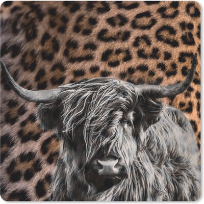 Muismat 20x20 cm - Mousepad Schotse hooglander - Koe - Panterprint - Muismatten