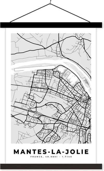 Posterhanger incl. Poster 40x60 cm - Schoolplaat - Mantes-la-Jolie – Plattegrond – Frankrijk – Kaart – Stadskaart - Textielposter - Zwarte latten - Stadskaart