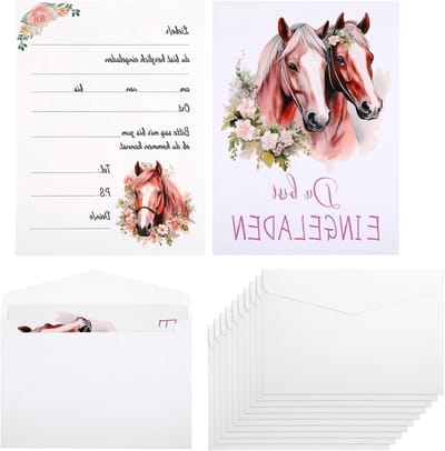 Set van 12 uitnodigingskaarten voor kinderfeestjes met paarden, verjaardagsuitnodigingen, feestdecoratie, meisjes, met enveloppen