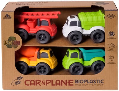 Speelgoedtopdeals - BIOplastic Vrachtwagenset 4-delig cartoon - 10,5 cm - Duurzaam speelgoed