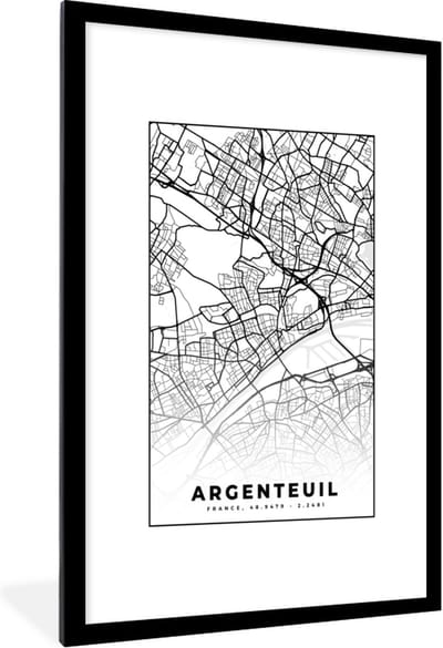 Fotolijst incl. Poster Zwart Wit- Stadskaart - Plattegrond - Argenteuil - Kaart - Frankrijk - Zwart wit - 80x120 cm - Posterlijst