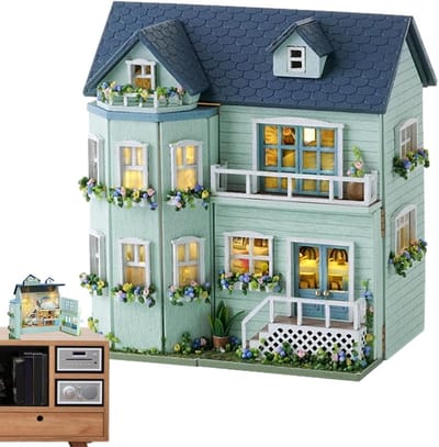 Miniatuurhuis Bouwset - Poppenhuis Set - Huis Decoratie - Met LED Verlichting - 18.4 x 5.9 x 17.1 cm