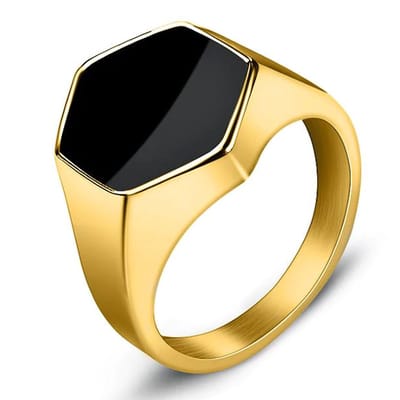 Zegelring Heren Goud Kleurig met Zwarte Steen - Zeshoekig - Staal - Ring Ringen - Papa Cadeau Voor Mannen - Vaderdag