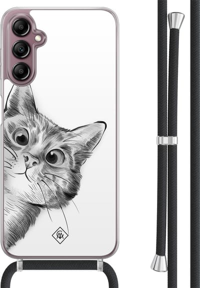 Casimoda® hoesje met koord - Geschikt voor Samsung A14 - Peekaboo Kat - Afneembaar koord - TPU/acryl - Wit