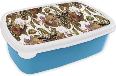 Broodtrommel Blauw - Lunchbox - Brooddoos - Vlinder - Bloemen - Vintage - Patronen - 18x12x6 cm - Kinderen - Jongen