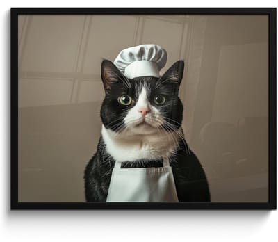 Poster in lijst - Fotolijst 70x50 cm - Posters - Kat - Kokskleding - Zwart - Wit - Posterlijst zwart - Decoratie - Wanddecoratie woonkamer - Muurdecoratie slaapkamer