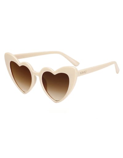 KIMU® Zonnebril Hartjes Cat Eye - Creme Wit Montuur - Bruin Gradient Glazen - Vintage Seventies Hippy Retro Love Festival