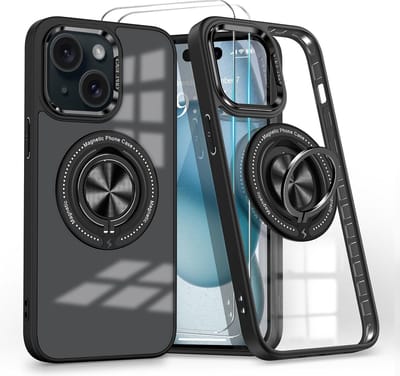 Hoesje Geschikt voor iPhone 15 Arara hoesje voor Magsafe Transparant hard case - kickstand Draaibare Ring Houder met 2 Stuks screenprotectors - Zwart