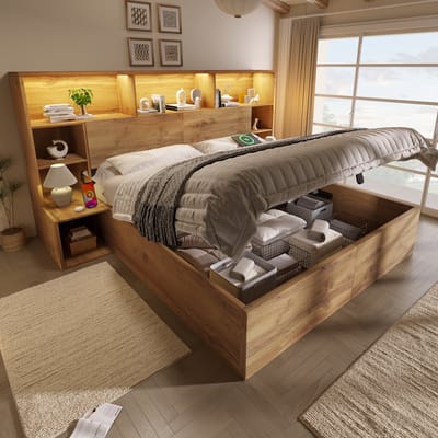 Tweepersoonsbed 160x200 cm - met opbergruimte - met breed nachtkastje - met LED-verlichting en USB-C - zonder matras - houtkleur