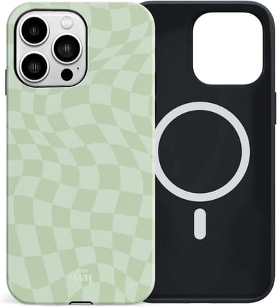xoxo Wildhearts Pretty Pistache - Double Layer - Hoesje geschikt voor iPhone 16 Pro Max MagSafe case - Siliconen hoesje met golvenprint - Golvende blokjes - Geblokt - Magnetisch telefoonhoesje - Magneet case - Dubbele beschermlaag - Groen
